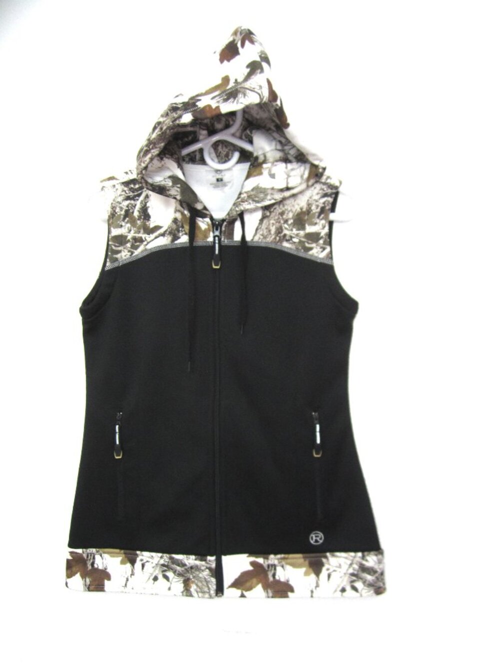 Roper Size S Softshell Camo Trim Hooded Vest Fleece Interior Black Brown EUC